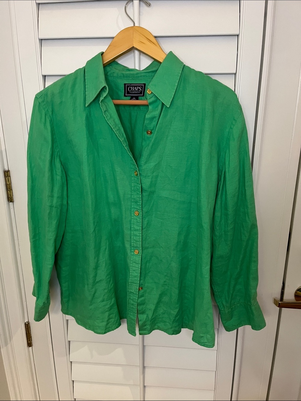 Chaps Women's Emerald Green Button-Down Shirt  100% Linen XL